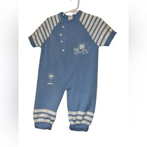 Vtg Carriage Boutique Blue and White Striped sweater Romper cars zip back 18m